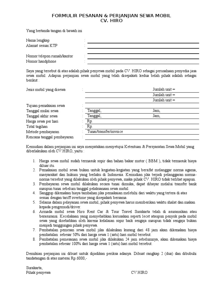 Contoh Formulir Surat Perjanjian Sewa Mobil